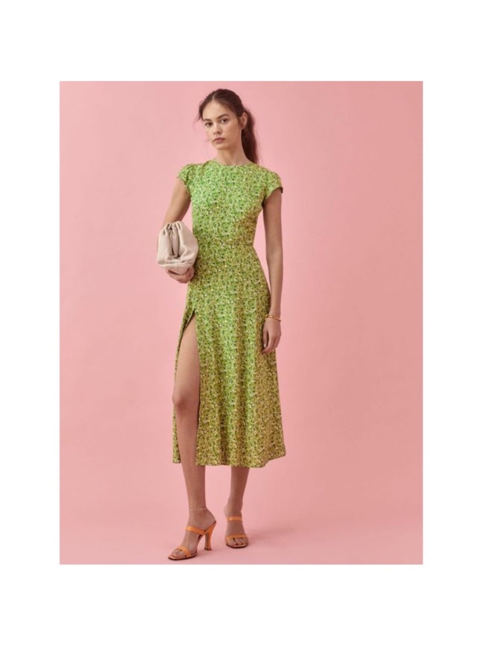 Reformation Lime Green Floral Midi Dress with Side Slit